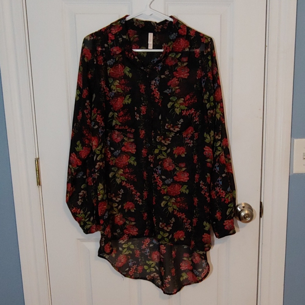 Black floral chiffon blouse